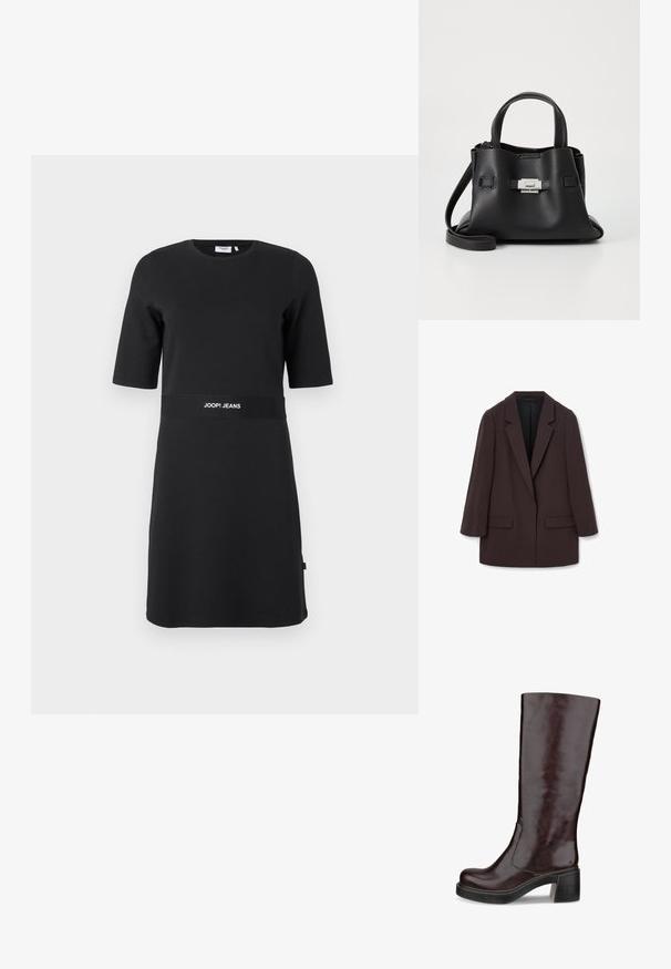 Hnedý oversized blejzer so šálovými klopami, dvoma prednými vreckami a hladkou textúrou, s jednoduchým zapínaním na gombík a uvoľneným strihom.; Čierne krátke šaty s krátkym rukávom po kolená, s okrúhlym výstrihom a potlačou loga "JOOP! JEANS" na páse.; Hnedé čižmy po kolená s elegantným dizajnom, masívnym podpätkom a hladkým koženým povrchom, vystavené na bielom pozadí.; Čierna kožená kabelka s textúrovaným povrchom, ktorá má dve vrchné rukoväte, odnímateľný popruh cez rameno a strieborný uzáver.