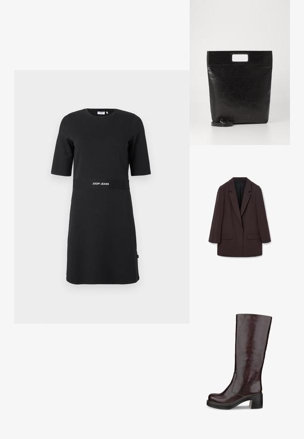 Brown oversized blazer with shawl lapels, two front pockets, and a smooth texture, featuring a single-button closure and relaxed silhouette.; Black short-sleeve knee-length dress with round neckline and "JOOP! JEANS" logo printed on waist band.; Brown knee-high boot with a sleek design, chunky heel, and smooth leather finish, displayed against a white background.; Black leather tote bag with a square handle, featuring a textured finish and embossed logo. Includes a detachable strap.