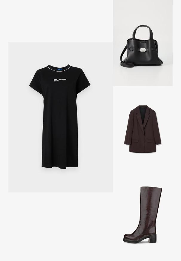Brązowy oversize'owy żakiet z wyłogami w kształcie szala, dwoma przednimi kieszeniami i gładką teksturą, z zapięciem na pojedynczy guzik i luźnym krojem.; Czarna sukienka T-shirt z krótkimi rękawami, okrągłym dekoltem i białym napisem logo. Wykonana z miękkiego materiału o luźnym, swobodnym kroju.; Brązowy, wysoki but na kolano o eleganckim designie, masywnym obcasie i gładkim wykończeniu ze skóry, prezentowany na białym tle.; Czarna skórzana torebka z teksturowanym wykończeniem, wyposażona w dwie górne rączki, odczepiany pasek na ramię oraz detal w postaci srebrnego zapięcia.