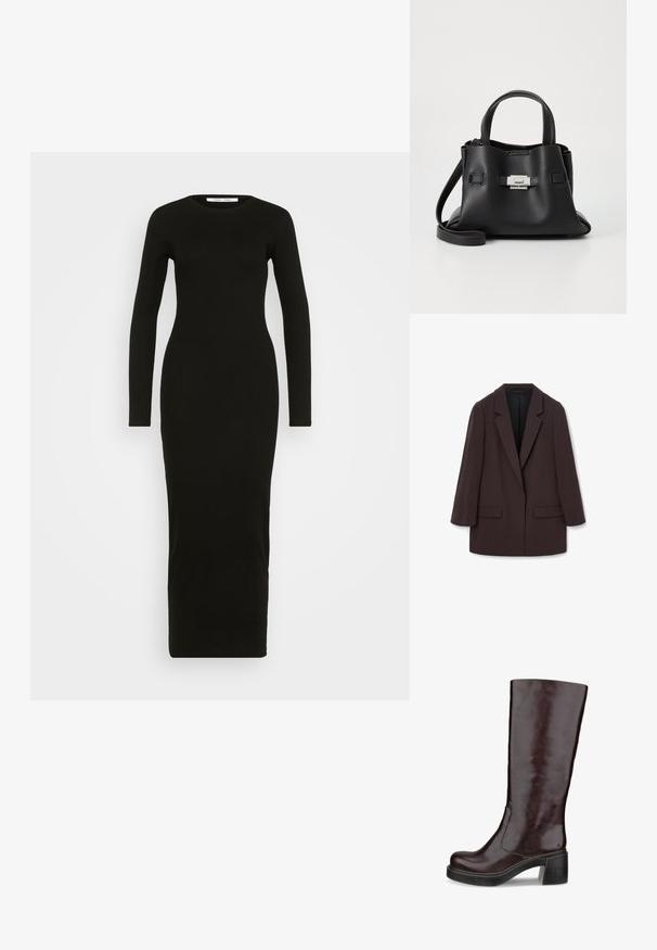 Rudas didelis bleizeris su šalikais, dviem priekinėmis kišenėmis ir lygiu paviršiumi, turintis vieno mygtuko užsegimą ir laisvą siluetą.; Juoda džersio suknelė ilgomis rankovėmis, su apvalia iškirpte, prigludusia siluetu ir kulkšnies ilgio dizainu. Nlygi tekstūra, be raštų ar puošmenų.; Rudi ikių ilgio batai su elegantišku dizainu, stambiu kulnu ir lygiu odos paviršiumi, eksponuojami prieš baltą foną.; Juodas odinis rankinės su tekstūruota apdaila, turintis dvi viršutinės rankenos, nuimamą peties diržą ir sidabrinį užsegimą.