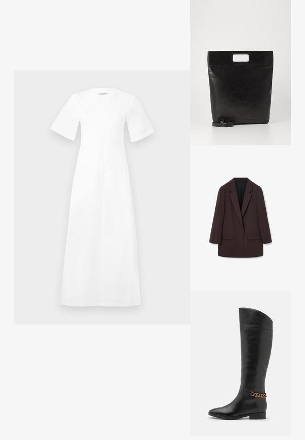 Hnedý oversized blejzer so šálovými klopami, dvoma prednými vreckami a hladkou textúrou, s jednoduchým zapínaním na gombík a uvoľneným strihom.; Biela, po kolená siahajúca šaty s krátkymi rukávmi, okrúhlym výstrihom a voľným strihom, vyrobené z hladkej látky bez viditeľných vzorov alebo akcentov.; Vysoké čierne kožené čižmy so štíhlym dizajnom, špicatou špičkou a zlatým reťazovým akcentom na členku. Nízky blokový podpätok. Hladká textúra.; Čierna kožená taška cez rameno so štvorcovou rukoväťou, ktorá má textúrovaný povrch a embosované logo. Obsahuje odnímateľný popruh.