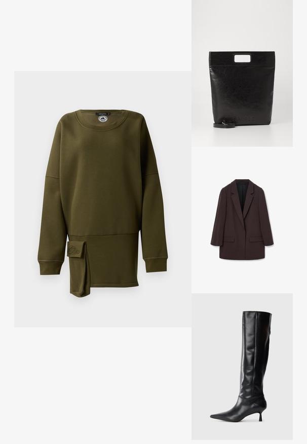 Hnědý oversized blejzr s šálovými klopami, dvěma předními kapsami a hladkou texturou, s jedním knoflíkovým zapínáním a uvolněným střihem.; Olivově zelená mikina, měkký materiál, kulatý výstřih, dlouhé rukávy, boční rozparek s textilním akcentem, vyšívaná loga na dolní části přední strany.; Černé kožené vysoké boty po kolena s špičatou špičkou a štíhlým zakřiveným podpatkem. Hladký povrch, přiléhavý design a žádné viditelné kování nebo vzory.; Černá kožená taška přes rameno se čtvercovou rukojetí, s texturovaným povrchem a embosovaným logem. Obsahuje odnímatelný popruh.