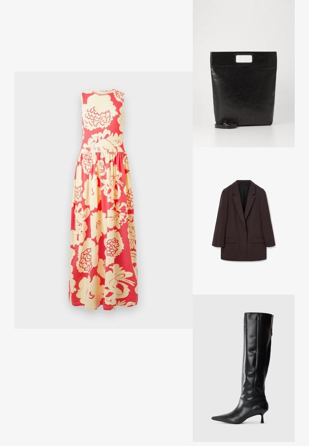 Bruine oversized blazer met sjalkleppen, twee voorzakken en een gladde textuur, voorzien van een éénknopsluiting en een relaxte silhouet.; Mouwloze maxi-jurk met aansluitend lijfje en geplooide rok, met een groot crème bloemenpatroon op een fel koraalroze achtergrond.; Zwarte leren kniehoge laars met een spitse neus en slanke gebogen hak. Gladde textuur, aansluitend ontwerp en geen zichtbare hardware of patronen.; Zwarte leren draagtas met een vierkant handvat, met een gestructureerde afwerking en een reliëflogo. Inclusief een afneembare schouderband.