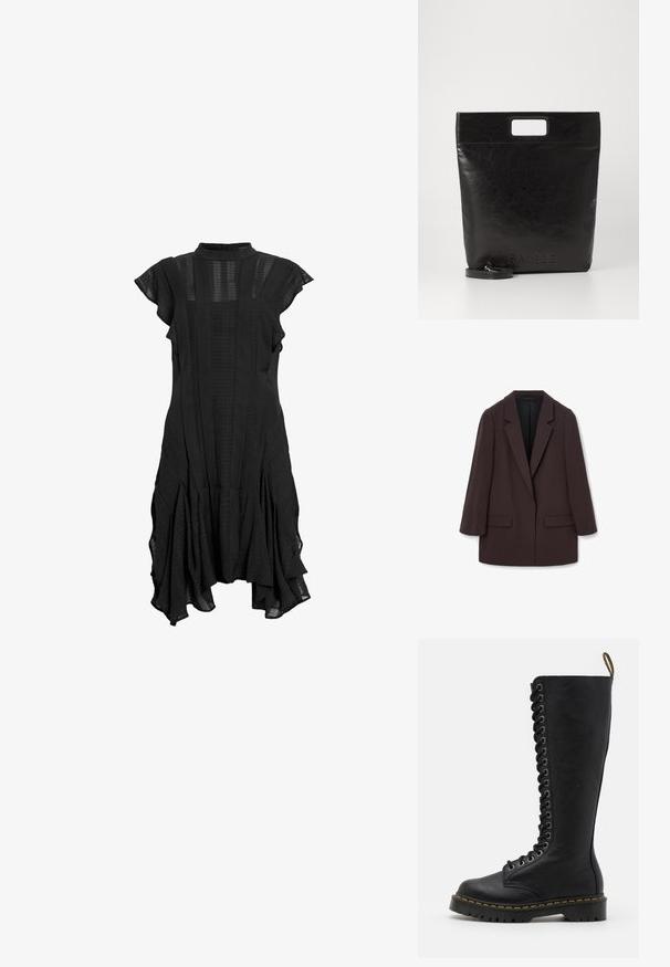 Smeđi oversized sako s šal reverima, dva prednja džepa i glatkom teksturom, s pojedinačnim dugmetom i opuštenim siluetom.; Crna haljina s visokim ovratnikom, kratkim lepršavim rukavima, teksturiranim panelima i širim rubom, koja se sastoji od kombinacije glatkog i uzorkovanog materijala.; Crne kožne čizme do koljena s debelim potplatom, savezane sprijeda, s metalnim rupicama i kontrastnim žutim šavovima.; Crna kožna torba s kvadratnom drškom, s teksturiranim završetkom i utisnutim logotipom. Uključuje odvojivi remen.