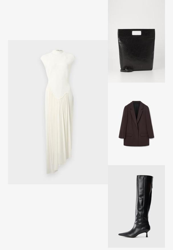Hnědý oversized blejzr s šálovými klopami, dvěma předními kapsami a hladkou texturou, s jedním knoflíkovým zapínáním a uvolněným střihem.; Dlouhé asymetrické šaty z bílého materiálu s vysokým límcem a na jedné straně splývavou, nařasenou sukní. Hladká textura a minimalistický design.; Černé kožené vysoké boty po kolena s špičatou špičkou a štíhlým zakřiveným podpatkem. Hladký povrch, přiléhavý design a žádné viditelné kování nebo vzory.; Černá kožená taška přes rameno se čtvercovou rukojetí, s texturovaným povrchem a embosovaným logem. Obsahuje odnímatelný popruh.