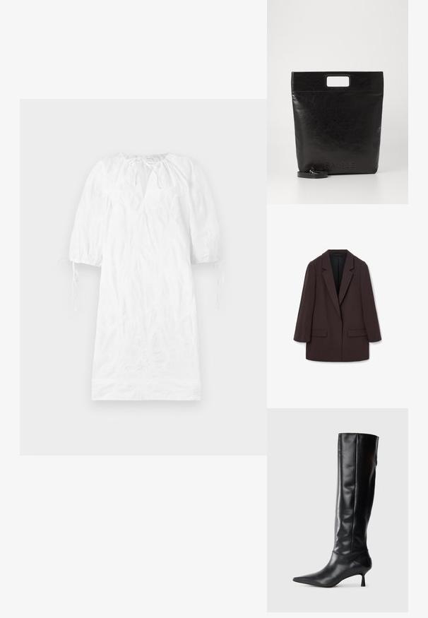 Brūns pārāk liels žakets ar šalu tipa klāju, divām priekšējām kabatām un gludu tekstūru, ar vienu pogu un brīvu siluetu.; Balta kleita ar īsām pūkainām piedurknēm, teksturētu audumu, V veida dekoltē un regulējamiem sasiešanu pie aprocēm. Gluda virsma, līdz ceļiem gara.; Melnas ādas ceļgala augstuma zābaki ar norādītu purngalu un plānu izliekumu papēdi. Gluda tekstūra, pieguļošs dizains un bez redzamām detaļām vai rakstiem.; Melna ādas tote soma ar kvadrātveida rokturi, ar teksturētu apdari un iespiestu logo. Ietver noņemamu siksnu.