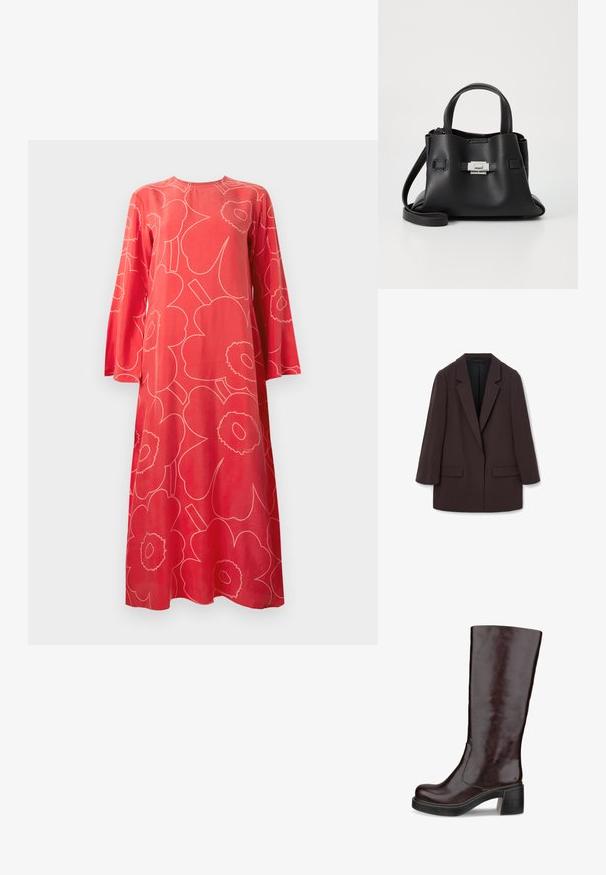 Blazer oversize marrone con rever a scialle, due tasche frontali e una trama liscia, caratterizzato da una chiusura a un bottone e una silhouette rilassata.; Abito lungo a maniche lunghe rosso con grande motivo floreale astratto rosa chiaro e scollo tondo su sfondo bianco.; Stivale marrone al ginocchio con un design elegante, tacco chunky e finitura in pelle liscia, esposto su uno sfondo bianco.; Borsa a tracolla in pelle nera con finitura textured, dotata di due manici superiori, una tracolla rimovibile e un dettagli di chiusura in argento.