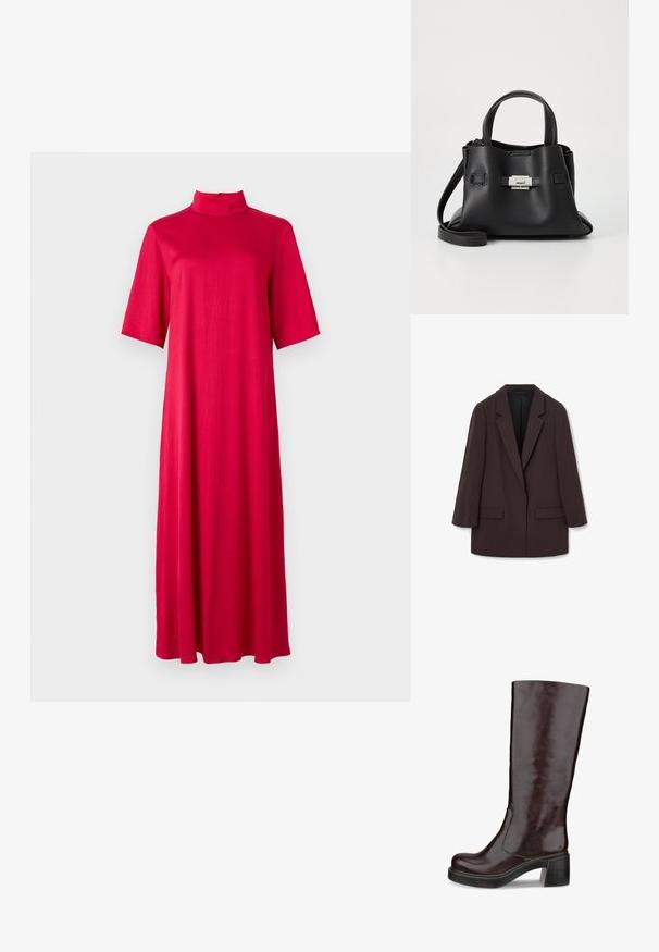 Brun oversized blazer med sjalkrave, to frontlommer og en glat tekstur, med en enkelt knaplukning og afslappet silhuet.; Rød, knælang kjole med høj krave og korte ærmer. Lavet af et glat, let stof med en løs, flydende silhuet.; Brun knælang støvle med et strømlinet design, kraftig hæl og glat læderfinish, præsenteret mod en hvid baggrund.; Sort læderhåndtaske med en tekstureret overflade, der har to bærehåndtag, en aftagelig skulderrem og en detalje med sølvspænde.