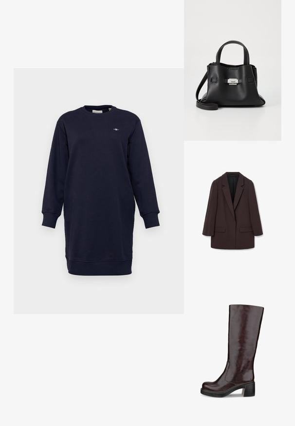Barna, oversized blézer, sállapellel, két elülső zsebbel és sima textúrával, egygombos zárással és laza sziluettel.; Tengerészeti pulóverruha puha pamut keverékből. Hosszú ujjakkal, bordás mandzsettákkal és kerek nyakkal rendelkezik. Kis logó részlet a mellrészen.; Barna, térd fölé érő csizma, letisztult dizájnnal, vastag sarokkal és sima bőr kivitelben, fehér háttér előtt bemutatva.; Fekete bőr kézitáska struktúrált felülettel, két felső fogantyúval, levehető vállpánttal és ezüst színű csattal.