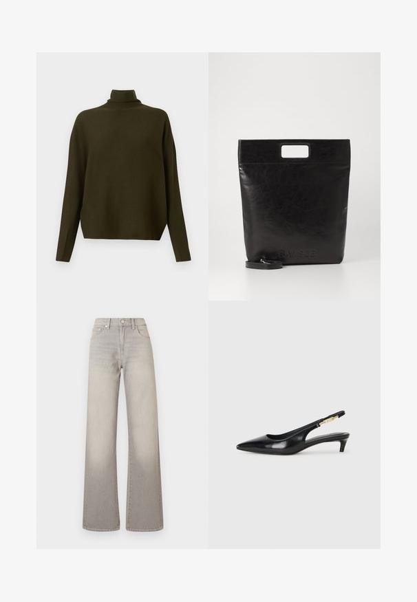 Bruine oversized blazer met sjalkleppen, twee voorzakken en een gladde textuur, voorzien van een éénknopsluiting en een relaxte silhouet.; Donkergroene lange mouwen gebreide trui met een hoge hals en een relaxte pasvorm, weergegeven tegen een eenvoudige lichte achtergrond.; Grijze wijde jeans met een vervaagde afwerking, knoopsluiting, vijfzakkenontwerp en gestikte details langs de naden.; Zwarte leren slingback hakken met een spitse neus, voorzien van een slanke hak en een goudkleurige accent op de verstelbare band. Gladde textuur.; Zwarte leren draagtas met een vierkant handvat, met een gestructureerde afwerking en een reliëflogo. Inclusief een afneembare schouderband.