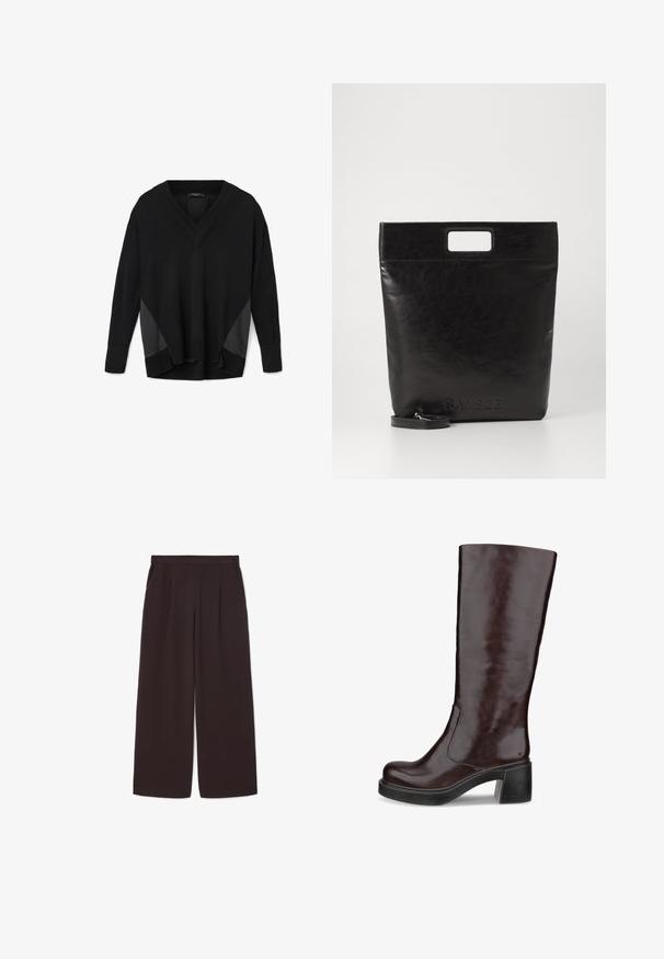Pruun suur meeste bleiser šaalkrae, kahe esi-taskuga ja siledat tekstuuri, millel on ühekohaline kinnitamine ja vabalt langev siluett.; Must mustaga V-kaelusega pikkade varrukatega pullover, millel on soonikkoes mansetid ja ääred, satiinilaadsed külgpaneelid ning vabalt istuv, veidi kõrge-madal sobivus.; Tumed pruunid laiad püksid, mis on valmistatud kergest materjalist, kõrgema vöökoha, voldikute ja kahe küljetaskuga, elastse vöökohtaga.; Pruun põlvepikkune saabas, millel on elegantne disain, jäme konts ja sile nahkviimistlus, esitatud valge tausta ees.; Must mustrikotest läikega must nahast kott ruudukujulise käepidemega, millel on tekstuuriga viimistlus ja reljeefne logo. Kohandatav rihm on eemaldatav.
