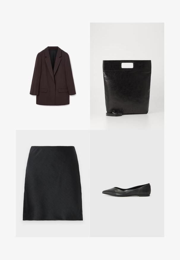 Rudas didelis bleizeris su šalikais, dviem priekinėmis kišenėmis ir lygiu paviršiumi, turintis vieno mygtuko užsegimą ir laisvą siluetą.; Balta ilgomis rankovėmis marškiniai su apykakle, pagaminti iš medvilnės. Su mygtukų užsegimu priekyje ir viena krūtinės kišenė. Lygus paviršius, laisvas siluetas.; Juodas satino mini sijonas su lygiu paviršiumi ir tiesia kraštine, rodoma prieš paprastą baltą foną.; Juodas odinis baleto batelis su smailiu носu, žemu kulnu ir lygiu paviršiumi. Minimalistinis dizainas su subtiliu šoniniu akcentu.; Juoda odinė rankinė su kvadratiniu rankenu, su tekstūruotu paviršiumi ir įspaustu logotipu. Įeina nusiimama diržas.