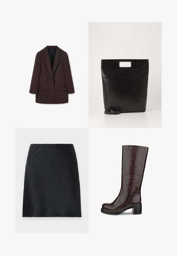 Ruskea ylipitkä bleiseri, jossa on huppu-lapelsit, kaksi etutaskua ja sileä rakenne, yksi nappikiinnitys ja rento siluetti.; Valkoinen pitkähihainen kauluspaita, joka on valmistettu puuvillasta. Paidassa on napitettava etuosuus ja yksi rintatasku. Pehmeä pinta, rento malli.; Musta satiininen mini-hame, jossa on sileä pinta ja suora helma, esillä valkoista taustaa vasten.; Ruske poluvisoke čizme s elegantnim dizajnom, masivnim potplatom i glatkom kožnom završnom obradom, prikazane na bijeloj pozadini.; Musta nahkainen kassi neliskulmaisella kahvalla, jossa on teksturoitu pinta ja kohokuvioitu logo. Mukana irrotettava olkahihna.