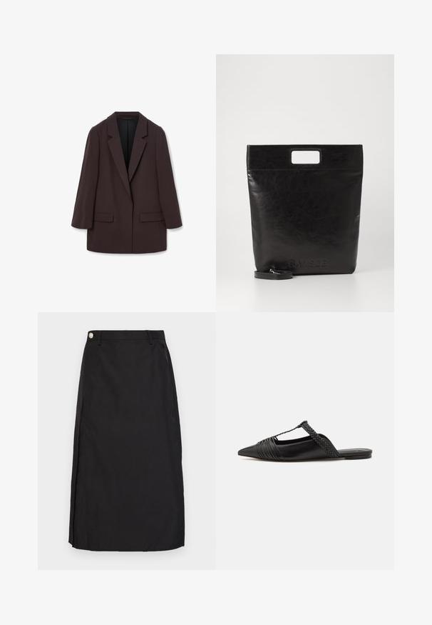 Blazer oversize marrone con rever a scialle, due tasche frontali e una trama liscia, caratterizzato da una chiusura a un bottone e una silhouette rilassata.; Camicia bianca a maniche lunghe con colletto in cotone. Caratterizzata da una chiusura con bottoni e una tasca sul petto singola. Tessuto liscio, vestibilità comoda.; Gonna nera al ginocchio realizzata in tessuto morbido, con uno spacco frontale e un dettaglio in bottone metallico in vita.; Scarpa slingback in pelle nera con punta appuntita, con un dettaglio intrecciato e un design superiore plissettato. Suola piatta con hardware minimale.; Borsa tote in pelle nera con manico quadrato, caratterizzata da una finitura testurizzata e logo impresso. Include una tracolla rimovibile.