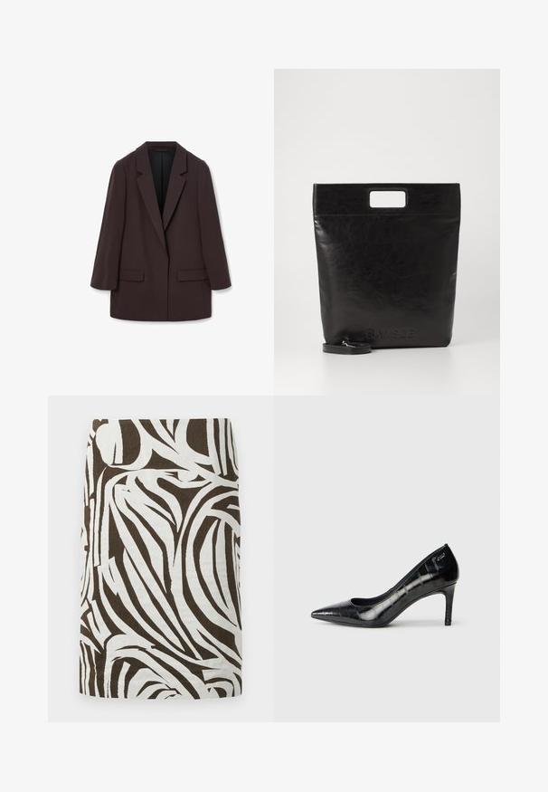 Hnědý oversized blejzr s šálovými klopami, dvěma předními kapsami a hladkou texturou, s jedním knoflíkovým zapínáním a uvolněným střihem.; Bílá košile s dlouhým rukávem a límečkem vyrobená z bavlny. Má knoflíkovou přední část a jedno kapsičku na prsou. Hladký povrch, volný střih.; Hnědá a bílá tužková sukně s abstraktním zebra-like vzorem, délka ke kolenům a rovný střih.; Černé lodičky s špičatou špičkou, lesklým povrchem a jemným texturovaným vzorem. Obsahuje středně vysoký podpatek a otevřený design v oblasti krku.; Černá kožená taška přes rameno se čtvercovou rukojetí, s texturovaným povrchem a embosovaným logem. Obsahuje odnímatelný popruh.