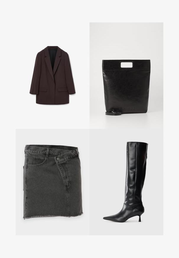 Pruun suur meeste bleiser šaalkrae, kahe esi-taskuga ja siledat tekstuuri, millel on ühekohaline kinnitamine ja vabalt langev siluett.; Valge pika käisega krae särg, mis on valmistatud puuvillast. Omab nööbipaneeli esiosa ja ühte rinna taskut. Sujuv tekstuur, vabalt lõigatud.; Must musta mini seelik eespooltaskutega, vöökandmisloopide, nööbikinnituse ja tooriku lõikega.; Must musta kõrge saabas terava ninaga ja sihvakate kaartega kontsadega. Sile tekstuur, keha vastav disain ja nähtava riistvarata või mustriteta.; Must mustrikotest läikega must nahast kott ruudukujulise käepidemega, millel on tekstuuriga viimistlus ja reljeefne logo. Kohandatav rihm on eemaldatav.