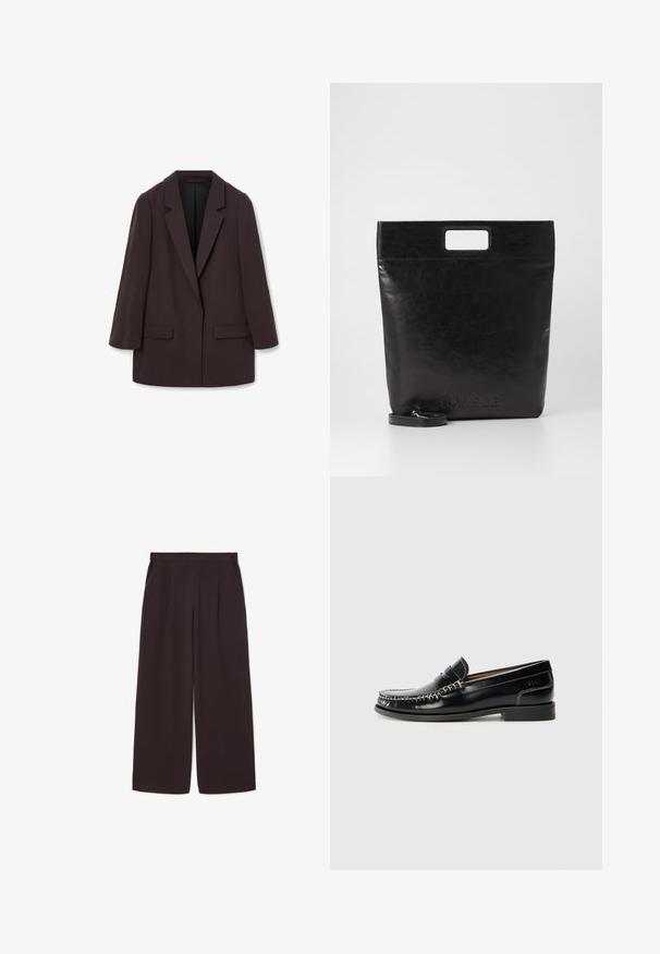 Brauner übergroßer Blazer mit Schalkragen, zwei vorderen Taschen und glatter Textur, ausgestattet mit einem Ein-Knopf-Verschluss und lässiger Silhouette.; Weißes Langarmhemd mit Kragen aus Baumwolle. Verfügt über eine durchgehende Knopfleiste und eine Brusttasche. Glatte Textur, lockere Passform.; Dunkelbraune weite Hosen aus leichtem Stoff, mit hoher Taille, Falten und zwei Seitentaschen, sowie einem elastischen Bund.; Schwarze Lederloafers mit gestepptem Design, glatter Oberfläche, niedrigem Blockabsatz und silbernen Akzenten. Klassische, abgerundete Zehenform.; Schwarze Leder-Tote-Tasche mit einem quadratischen Griff, ausgestattet mit einer strukturierten Oberfläche und geprägtem Logo. Inklusive abnehmbarem Tragegurt.