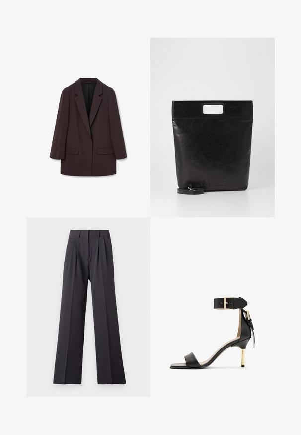 Brun oversized blazer med sjalkrave, to frontlommer og en glat tekstur, med en enkelt knaplukning og afslappet silhuet.; Hvid langærmet skjorte med krave lavet af bomuld. Har en knaplukning fortil og en enkelt brystlomme. Glat tekstur, afslappet pasform.; Bredde benbukser i mørkegrå stof. Har fold ved taljen, en tætsiddende talje og en glat tekstur. Ingen synlige mønstre eller hardware.; Sort læder hæl sandal med firkantet tå, ankelrem med en guldbuckle og en slank metallisk hæl. Glat tekstur, minimalistisk design.; Sort læder tote bag med et firkantet håndtag, der har en tekstureret overflade og prægede logo. Indeholder en aftagelig rem.