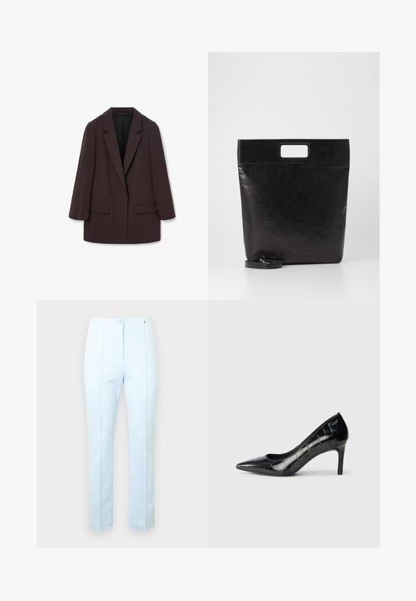 Bruine oversized blazer met sjalkleppen, twee voorzakken en een gladde textuur, voorzien van een éénknopsluiting en een relaxte silhouet.; Witte lange mouwen overhemd met kraag van katoen. Voorzien van een knoopsluiting aan de voorkant en een enkele borstzak. Een gladde textuur en een ontspannen pasvorm.; Lichtblauwe, op maat gemaakte broek met een gladde textuur, voorzien van twee knopen aan de voorkant, zijzakken en subtiele verticale naden voor vormgeving.; Zwarte puntige hoge hakken met een glanzende afwerking en een subtiel textuurpatroon. Beschikt over een gematigde hak en een open halsontwerp.; Zwarte leren draagtas met een vierkant handvat, met een gestructureerde afwerking en een reliëflogo. Inclusief een afneembare schouderband.