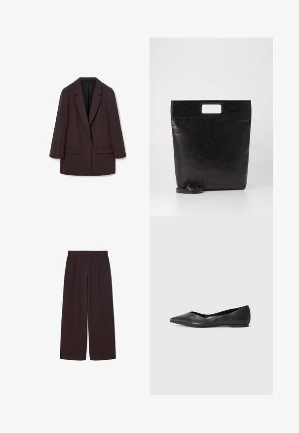 Blazer oversize marrone con rever a scialle, due tasche frontali e una trama liscia, caratterizzato da una chiusura a un bottone e una silhouette rilassata.; Camicia bianca a maniche lunghe con colletto in cotone. Caratterizzata da una chiusura con bottoni e una tasca sul petto singola. Tessuto liscio, vestibilità comoda.; Pantaloni larghi di colore marrone scuro realizzati in tessuto leggero, con vita alta, pieghe e due tasche laterali, dotati di una cintura elasticizzata.; Ballerine in pelle nera con punta affusolata, tacco basso e texture liscia. Design minimale con un sottile dettaglio laterale.; Borsa tote in pelle nera con manico quadrato, caratterizzata da una finitura testurizzata e logo impresso. Include una tracolla rimovibile.
