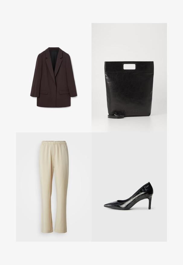 Ruskea ylipitkä bleiseri, jossa on huppu-lapelsit, kaksi etutaskua ja sileä rakenne, yksi nappikiinnitys ja rento siluetti.; Valkoinen pitkähihainen kauluspaita, joka on valmistettu puuvillasta. Paidassa on napitettava etuosuus ja yksi rintatasku. Pehmeä pinta, rento malli.; Vaaleat, kevyet housut, joissa on joustava vyötärönauha, suorat lahkeet ja sileä pinta, ilman näkyviä kuvioita tai korostuksia.; Mustat korkeakorkoiset kengät, joissa on terävä kärki, kiiltävä pinta ja hienovarainen tekstuurikuosi. Kengissä on kohtuullinen korko ja avara kaulus.; Musta nahkainen kassi neliskulmaisella kahvalla, jossa on teksturoitu pinta ja kohokuvioitu logo. Mukana irrotettava olkahihna.