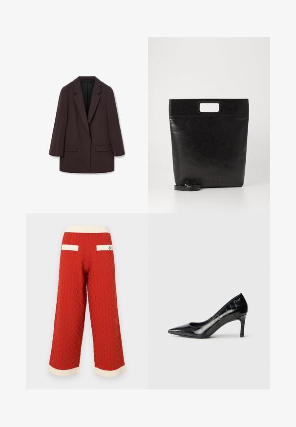 Barna, oversized blézer, sállapellel, két elülső zsebbel és sima textúrával, egygombos zárással és laza sziluettel.; Fehér, hosszú ujjú, galléros ing, amely pamutból készült. Gombos elülső része és egyetlen mellzsebe van. Simított textúra, laza szabás.; Piros texturált, bőszárú nadrág négyzetrácsos mintával, krém színű bordázott derékrésszel és zsebkiegészítőkkel.; Fekete, hegyes orrú, magas sarkú cipők fényes felülettel és visszafogott mintázattal. Mérsékelt sarokkal és nyitott vápa dizájnnal rendelkeznek.; Fekete bőr bevásárlótáska négyzet alakú fogantyúval, texturált felülettel és dombornyomott logóval. Tartalmaz egy levehető pántot.