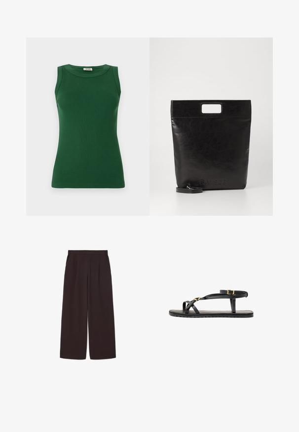 Blazer marrón de gran tamaño con solapas de chal, dos bolsillos frontales y una textura suave, con un cierre de un solo botón y una silueta relajada.; Top sin mangas de punto acanalado en verde con un escote redondo, que presenta una textura suave y una silueta ajustada.; Pantalones de pierna ancha de color marrón oscuro, confeccionados en una tela ligera, con una cintura alta, pliegues y dos bolsillos laterales, además de una cinturilla elástica.; Sandalias de cuero negro con tiras delgadas y una correa de tobillo con hebilla. Suela plana con un acabado texturizado y borde en zigzag. Diseño minimalista.; Bolsa tote de cuero negro con un asa cuadrada, que presenta un acabado texturizado y un logo en relieve. Incluye una correa desmontable.