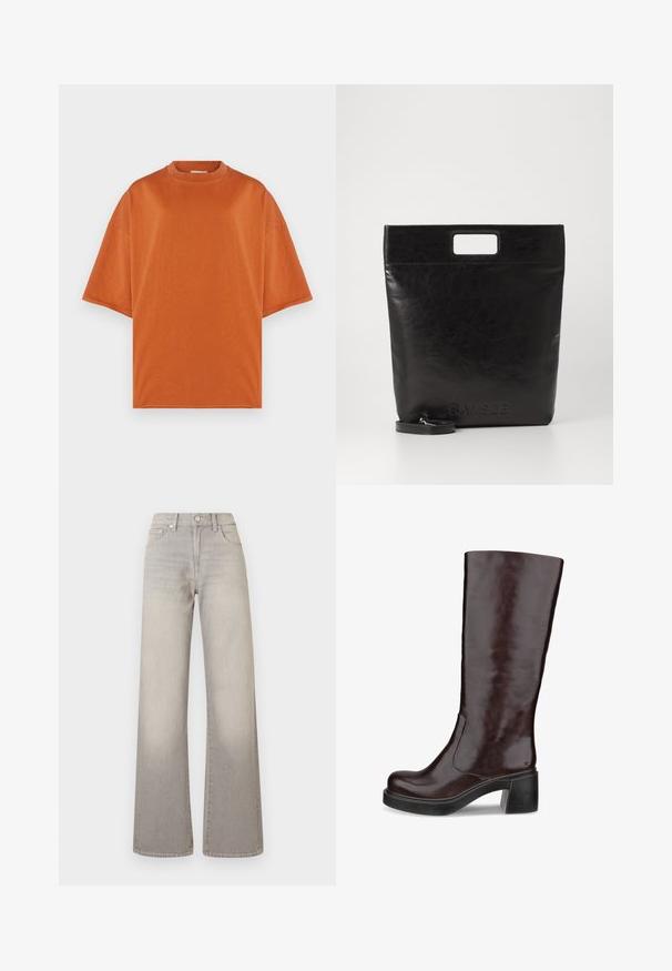 Hnědý oversized blejzr s šálovými klopami, dvěma předními kapsami a hladkou texturou, s jedním knoflíkovým zapínáním a uvolněným střihem.; Krátký rukáv, oversize tričko v teplé oranžové barvě. Vyrobeno z měkké tkaniny s kulatým výstřihem a jemnými švy.; Šedé široké džíny s vybledlým vzhledem, zapínání na knoflík, pět kapsičkový design a prošívání podél švů.; Hnědá kozačka do výšky kolen s elegantním designem, masivním podpatkem a hladkým koženým povrchem, vystavená na bílém pozadí.; Černá kožená taška přes rameno se čtvercovou rukojetí, s texturovaným povrchem a embosovaným logem. Obsahuje odnímatelný popruh.