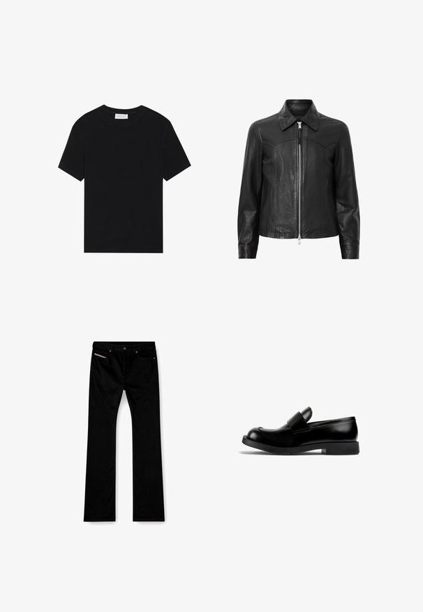 Black leather jacket with a collar, zip front closure, and long sleeves. Features smooth texture and seam detailing. Standard fit design.; Black short-sleeve T-shirt made of ribbed fabric, featuring a crew neckline and a simple, boxy silhouette.; Black straight-leg jeans with front button and zipper, front and back pockets, and a white label visible in the right front pocket.; Black leather loafer with a rounded toe, flat rubber sole, and a prominent strap detail across the vamp. Smooth texture, minimalistic design.