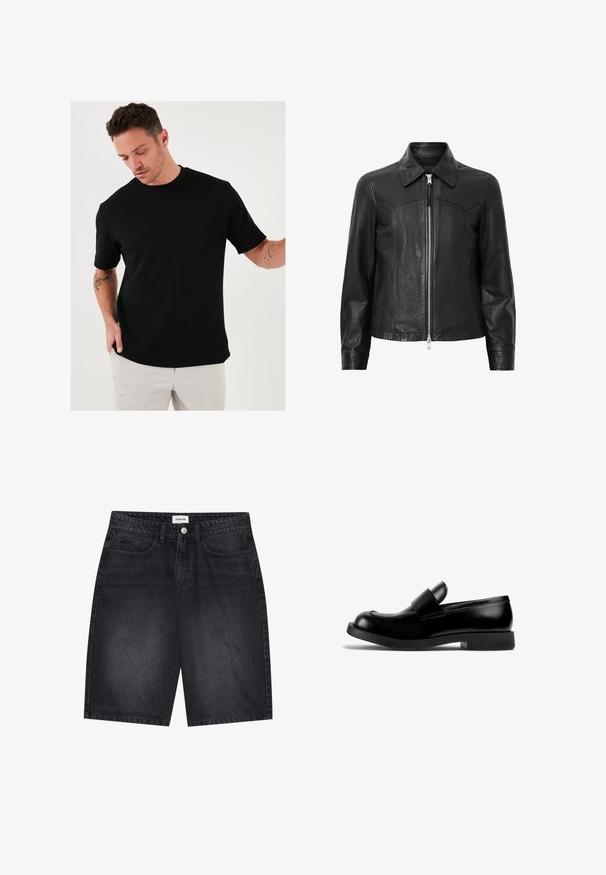 Sort læderjakke med krave, lynlås foran og lange ærmer. Har en glat tekstur og sømdetaljer. Standard pasform.; Sort kortærmet T-shirt lavet af tekstureret stof med rund hals, der har en afslappet pasform og minimalistisk design.; Sorte denimshorts med et klassisk design. Har fem lommer, frontknaplukning og syningsdetaljer. Glat tekstur og lige snit.; Sort læderloafer med rund tå, flad gummisål og fremtrædende stropdetalje over vristen. Glat tekstur, minimalistisk design.