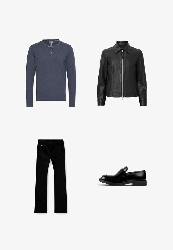 Giacca in pelle nera con colletto, chiusura frontale con zip e maniche lunghe. Presenta una texture liscia e dettagli sulle cuciture. Design a vestibilità standard.; Solid SDVOLKO - Maglietta a manica lunga - mottled blue; Jeans neri a gamba dritta con bottone e zip anteriore, tasche frontali e posteriori, e un'etichetta bianca visibile nella tasca frontale destra.; Mocassino in pelle nera con punta arrotondata, suola piatta in gomma e una dettagliata striscia prominente sulla parte superiore. Texture liscia, design minimalista.
