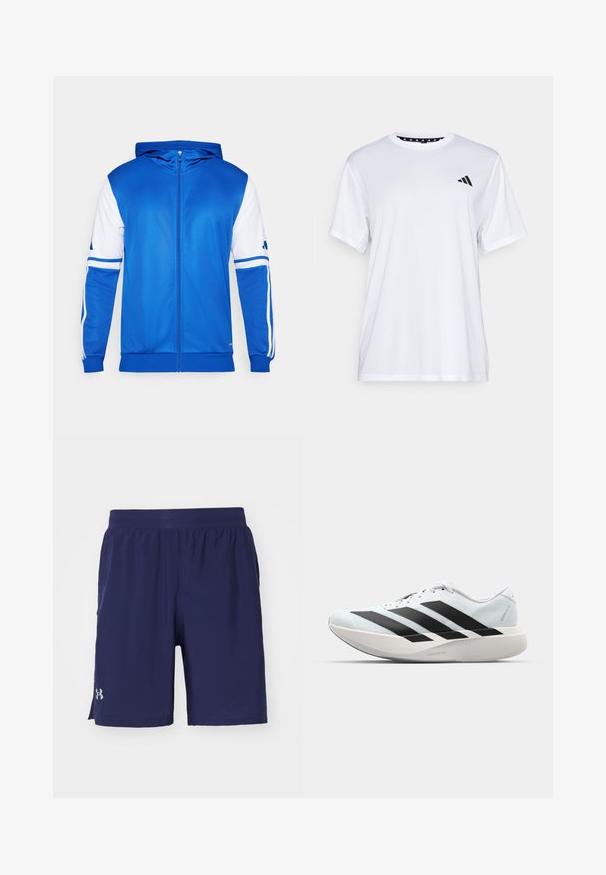 Chaqueta deportiva azul con cremallera y capucha, con detalles en blanco en las mangas y el hombro, hecha de un tejido suave y ligero.; Camiseta atlética blanca de manga corta, hecha de una tela que absorbe la humedad. Presenta un logo negro en el lado izquierdo del pecho y un cuello interior con un diseño estampado.; Under Armour LAUNCH - Pantalón corto de deporte - midnight navy; Zapatillas de running ligeras en azul pálido con rayas negras. Presentan una parte superior suave, puntera redonda y una gruesa mediasuela blanca etiquetada como "LIGHTSTRIKE PRO".