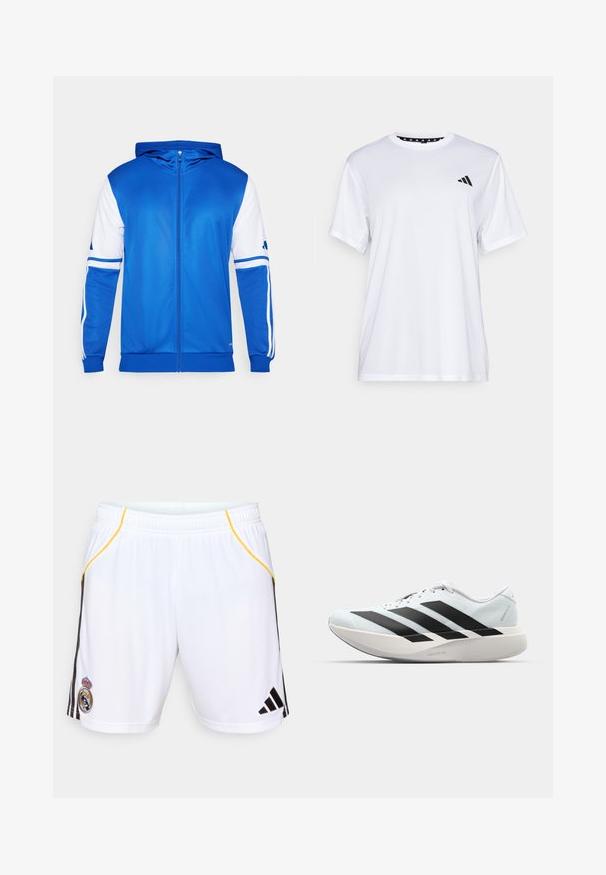 Sinine kapuutsiga spordijakk, millel on valged detailsed varrukatel ja õlgadel, valmistatud siledast ja kergest materjalist.; Valge sportlik T-särk lühikeste varrukatega, valmistatud niiskust eemaldavast kangast. Ees on must logo vasakul rinnal ja soe mustriline kaelaosa.; Valged spordilühikesed püksid mustade külgtriipudega ja kollaste aktsentidega, millel on vasakul jalal tikitud embleem ja elastne vöökoht.; Kerged jooksujalatsid helesinises värvuses mustade triipudega. Omavad siledat pealispinda, ümarat varvase osa ja paksu valget vahemõõtu, millel on silt "LIGHTSTRIKE PRO".