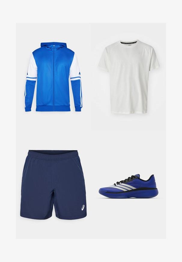 Blauw sportjack met rits en capuchon, met witte accenten op de mouwen en schouders, gemaakt van gladde, lichte stof.; ASICS GAME - T-shirt basic - cream; Marineblauwe sportshorts met een elastische tailleband, een gladde synthetische stof en een witte logo-accent aan de linksonderzijde.; adidas Performance ADIZERO SELECT 3.0 - Basketbalschoenen - lucid blue/core black/metallic