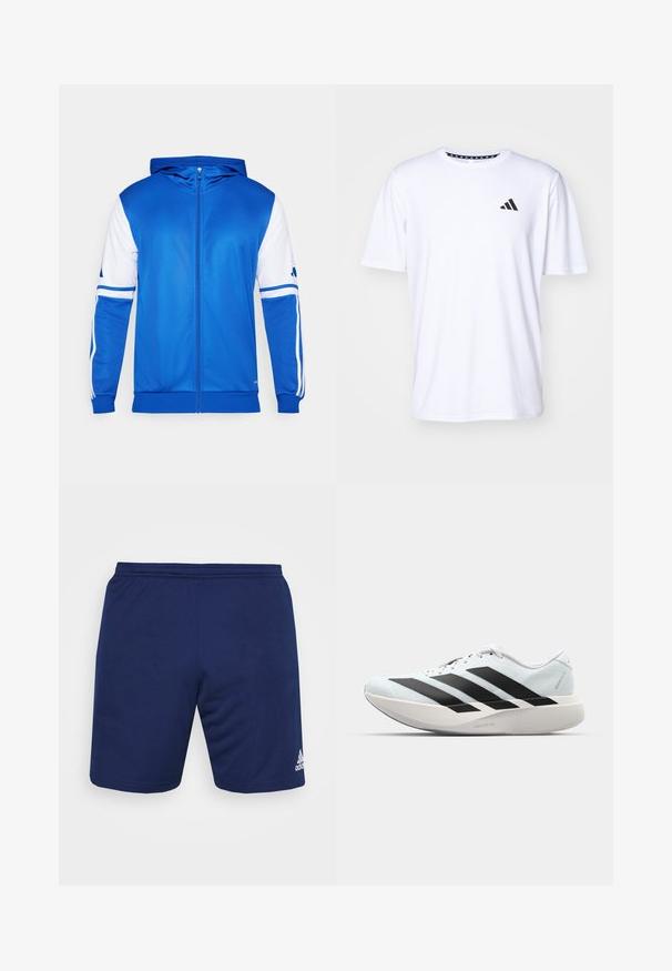Modrá sportovní bunda na zip s kapucí, se světlými akcenty na rukávech a rameni, vyrobená z hladké, lehké látky.; Bílý tričko s krátkým rukávem vyrobené z látky s hladkou texturou. Na levé hrudi se nachází černé logo adidas a vzorovaný límeček.; Navy sportovní šortky vyrobené z prodyšné tkaniny. Mají elastický pas a bílé logo Adidas na pravé dolní straně.; Lehké běžecké boty v světle modré barvě s černými pruhy. Mají hladký svršek, kulatou špičku a silnou bílou mezipodešev označenou "LIGHTSTRIKE PRO."
