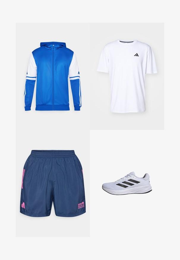 Blaues Sportjackett mit Reißverschluss und Kapuze, mit weißen Akzenten an Ärmeln und Schulter, aus glattem, leichtem Stoff gefertigt.; Weißes T-Shirt mit kurzen Ärmeln aus glattem Stoff. Verfügt über ein schwarzes adidas-Logo auf der linken Brust und einen gemusterten Kragen.; adidas Performance BER25 SHORT - Kurze Sporthose - collegiate navy; adidas Performance RESPONSE - Laufschuh Straße - cloud white core black cloud white