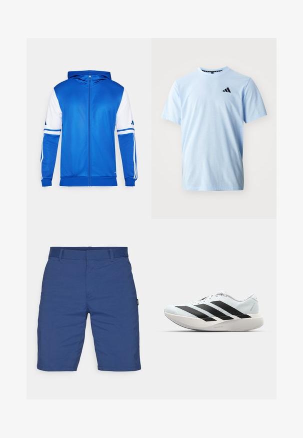 Sinine kapuutsiga spordijakk, millel on valged detailsed varrukatel ja õlgadel, valmistatud siledast ja kergest materjalist.; Heledsinine puuvillane T-särk lühikeste varrukatega, ümar kaelus ja must logo detail rinnal. Sile tekstuur ja lõdvestunud sobivus.; Sinised lühikesed püksid, mis on valmistatud kerge kehaga materjalist. Omavad siledat etteosa, vöökohaga silmuseid ja nähtamatuid taskuteta disaini. Sile tekstuur ja kohandatud lõige.; Kerged jooksujalatsid helesinises värvuses mustade triipudega. Omavad siledat pealispinda, ümarat varvase osa ja paksu valget vahemõõtu, millel on silt "LIGHTSTRIKE PRO".