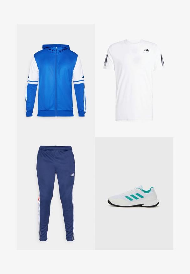 Blue zip-up sports jacket with a hood, featuring white accents on sleeves and shoulder, made of smooth, lightweight fabric.; White t-shirt made of fabric featuring short sleeves, crew neck, and three black diagonal stripes on each sleeve. Subtle logo on chest.; Navy athletic pants with white side stripes and red accents. Made from smooth fabric with an elastic waistband for comfort. Features an Adidas logo.; White athletic shoe with turquoise accents, mesh upper, three parallel stripes on the side, structured heel, and a black rubber sole.