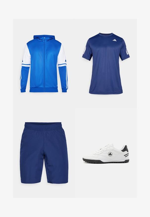 Plava sportska jakna na patent, s kapuljačom, koja ima bijele akcentne detalje na rukavima i ramenima, izrađena je od glatkog, laganog materijala.; Temno plava kratka majica s kratkim rukavima za sport, izrađena od glatkog materijala, sa okruglim izrezom i bijelim logotipom na gornjem lijevom dijelu grudi.; Tamno plave sportske kratke hlače od teksturirane tkanine, s elastičnim pojasom i malim logom na strani.; Bijele atletske tenisice s glatkim kožnim gornjim dijelom, crnim naglascima, teksturiranim potplatom i okruglim logotipom sa strane. Imaju usko vezivanje.