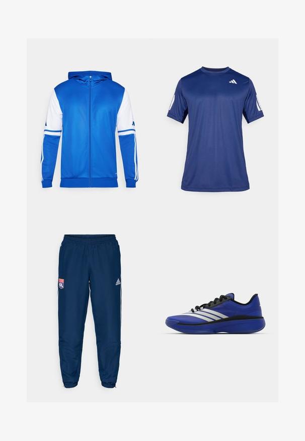 Modrá športová bunda na zips s kapucňou, s bielymi akcentmi na rukávoch a pleciach, vyrobená z hladkej, ľahkej tkaniny.; Námornícky modrá športová košeľa s krátkym rukávom vyrobená z hladkej tkaniny, s okrúhlym výstrihom a bielym logom umiestneným na hornej ľavej strane hrude.; Modré športové nohavice s elastickým pásom, vybavené bielymi bočnými pruhmi a logom Olympique Lyonnais na ľavom stehne.; adidas Performance ADIZERO SELECT 3.0 - Basketbalová obuv - lucid blue/core black/metallic