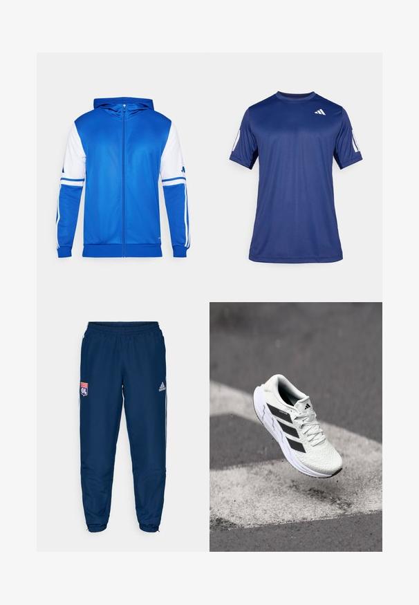 Niebieska sportowa kurtka zapinana na zamek z kapturem, z białymi akcentami na rękawach i ramieniu, wykonana z gładkiego, lekkiego materiału.; Granatowa koszulka sportowa z krótkim rękawem, wykonana z gładkiego materiału, z okrągłym dekoltem i białym logo na lewej górnej stronie klatki piersiowej.; Niebieskie spodnie sportowe z elastycznym pasem, z białymi paskami po bokach i logo Olympique Lyonnais na lewej udzie.; Białe buty sportowe z teksturowaną siateczką, czarnymi paskami, z zapięciem na sznurowadła i wyściełaną podeszwą, unoszące się nad oznaczoną nawierzchnią drogi.