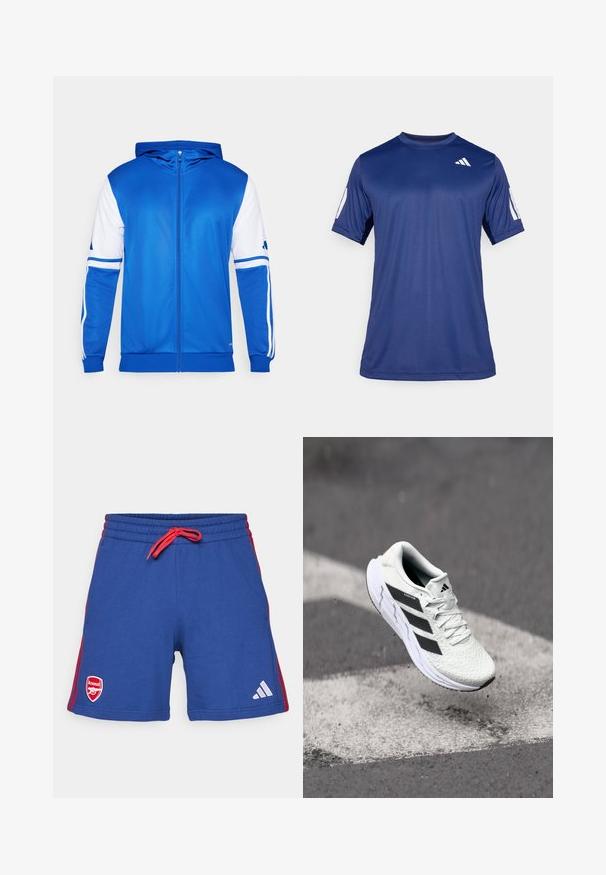 Blå sportsjakke med glidelås og hette, med hvite detaljer på ermer og skulder, laget av glatt, lett stoff.; Marineblå, kortermet treningstrøye laget av glatt stoff, med rund hals og en hvit logodetalj på øverste venstre bryst.; Blå treningsshorts med rød snøring og sidelister. Har et Arsenal-logo på venstre bein og et Adidas-logo på høyre.; Hvit sportsko med teksturert mesh-overdel, svarte striper, snøring og en polstret såle, svevende over en markert veidoverflate.