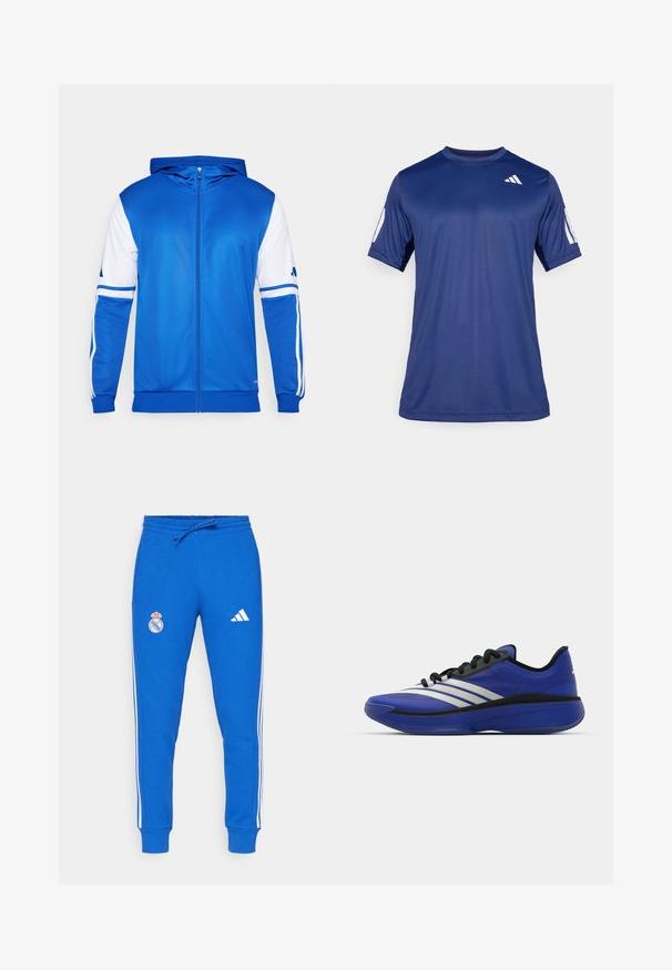 Blå zip-up sportjacka med huva, med vita accenter på ärmar och axlar, tillverkad av ett smidigt, lätt material.; Marinblåt kortärmad träningsskjorta i ett mjukt tyg, med rund halsringning och en vit logotypdetalj på övre vänstra bröstet.; Blå sweatpants i bomullsblandning med vita sidostriper, elastisk midja och dragsko. Har Real Madrid-logotypen på vänster lår.; adidas Performance ADIZERO SELECT 3.0 - Basketsko - lucid blue/core black/metallic
