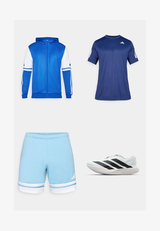 Plava sportska jakna na patent, s kapuljačom, koja ima bijele akcentne detalje na rukavima i ramenima, izrađena je od glatkog, laganog materijala.; Temno plava kratka majica s kratkim rukavima za sport, izrađena od glatkog materijala, sa okruglim izrezom i bijelim logotipom na gornjem lijevom dijelu grudi.; Svijetloplavi sportski šortsevi s elastičnom trakom u struku, s bijelim prugama i detaljima. Adidas logo u bijeloj boji s lijeve strane.; Lagane tenisice za trčanje u svijetloplavoj boji s crnim trakama. Imaju glatku gornju površinu, okrugli vrh i debeli bijeli srednji sloj označen "LIGHTSTRIKE PRO."
