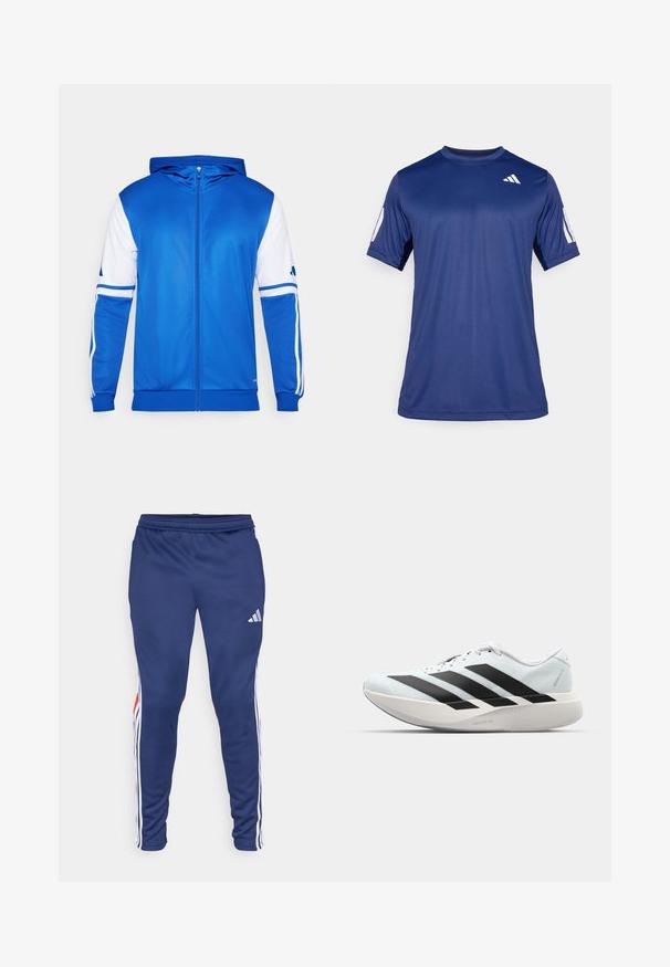 Blå sportsjakke med lynlås og hætte, med hvide accenter på ærmerne og skulderen, lavet af glat, letvægtsstof.; Marineblå kortærmet træningsskjorte lavet af glat stof, med rund hals og en hvid logo detalje på øverste venstre bryst.; Marineblå sportbukser med hvide sidestriber og røde accenter. Fremstillet af glat stof med en elastisk talje for komfort. Har et Adidas-logo.; Letvægtige løbesko i lys blå med sorte striber. Har en glat overdel, rund tå og tyk hvid mellemsål mærket "LIGHTSTRIKE PRO."