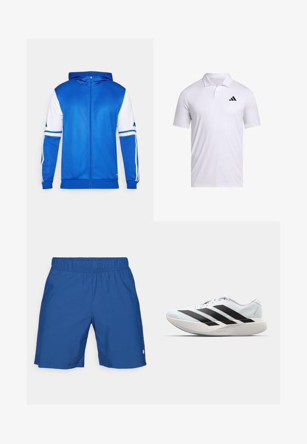 Casaco desportivo azul com fecho éclair e capuz, apresentando detalhes brancos nas mangas e nos ombros, feito de um tecido liso e leve.; Camisola polo branca feita de tecido respirável com colarinho, com mangas curtas e um logo preto da Adidas no lado esquerdo do peito.; Bermudas atléticas azul com um cós elástico, textura suave e aberturas laterais, apresentando um pequeno logo na parte inferior da perna direita.; Tênis de corrida leves em azul pálido com riscas pretas. Apresentam um cabedal liso, bico redondo e uma entressola espessa branca rotulada como "LIGHTSTRIKE PRO."