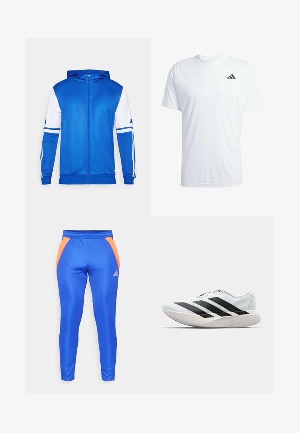 Kék zipzáros sportdzseki kapucnival, fehér díszítéssel az ujjakon és a vállon, sima, könnyű anyagból készült.; Fehér, rövid ujjú sportpóló, könnyű anyagból, a bal felső mellrészen fekete Adidas logóval.; Kék sportnadrág narancssárga oldalsó díszítéssel, sima, rugalmas anyagból. Rugalmas derékpánttal és egy kis logóval rendelkezik.; Világoskék, fekete csíkos könnyű futószerek. Simább felső résszel, kerek orral és vastag fehér középtalppal, amelyen a "LIGHTSTRIKE PRO" felirat olvasható.