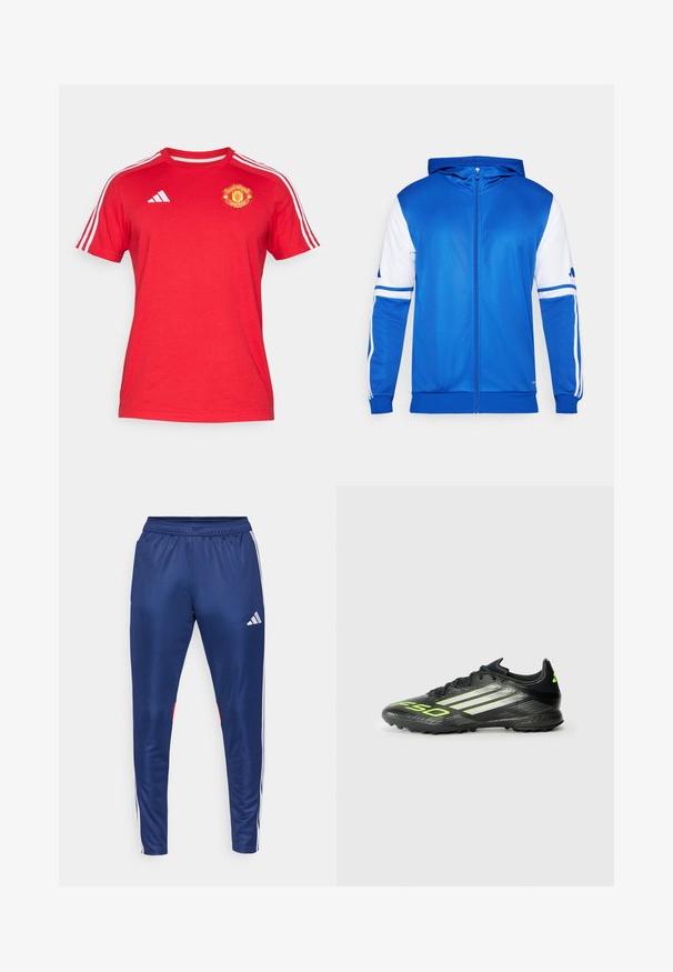Blå sportsjakke med glidelås og hette, med hvite detaljer på ermer og skulder, laget av glatt, lett stoff.; Rød bomull t-skjorte med korte ermer, har hvite Adidas-striper på skuldrene og Manchester United-logo på brystet.; Marineblå treningsbukser laget av glatt materiale med hvite sidestriper, elastisk midjebånd og en rød detalj på den nedre kanten.; Svart fotballsko med teksturert overflate, utstyrt med lysegrønne detaljer og tre hvite striper. Designet for kunstgress med gummisåle.