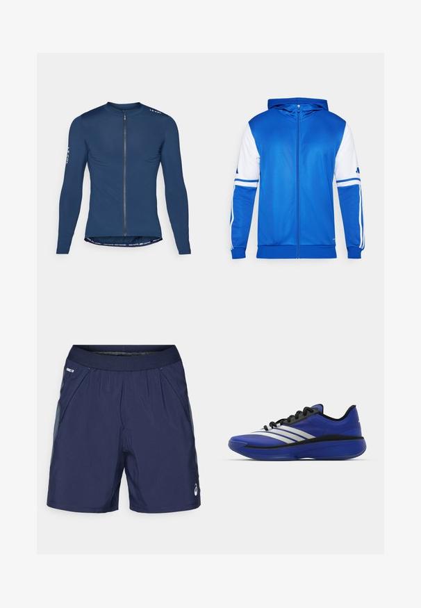 Kék zipzáros sportdzseki kapucnival, fehér díszítéssel az ujjakon és a vállon, sima, könnyű anyagból készült.; Sötétkék, hosszú ujjú kerékpáros mez, elől cipzárral, vállán logóval, az alján pedig kontrasztos felirattal. Simább szövetfelület.; Tengerészkék sportnadrág, rugalmas derekkal, oldalsó zsebekkel és világosszürke részletekkel. Könnyű, sima anyagból készült a kényelem érdekében.; adidas Performance ADIZERO SELECT 3.0 - Kosárlabdacipők - lucid blue/core black/metallic