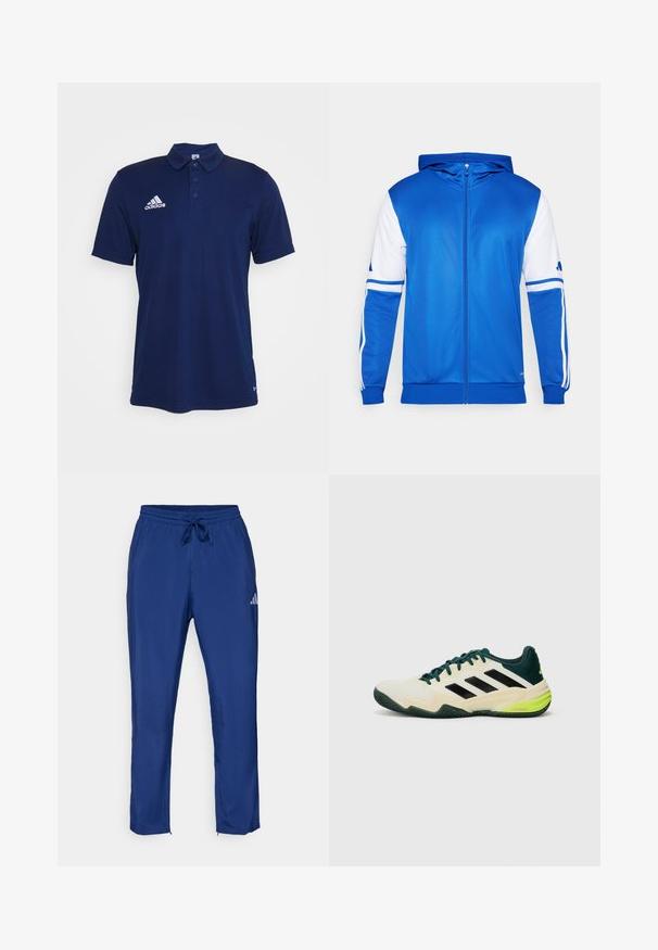 Niebieska sportowa kurtka zapinana na zamek z kapturem, z białymi akcentami na rękawach i ramieniu, wykonana z gładkiego, lekkiego materiału.; Granatowa koszulka polo wykonana z gładkiego materiału ma zapięcie na trzy guziki, wykładany kołnierzyk oraz białe logo Adidas na piersi.; Granatowe spodnie sportowe z elastycznym pasem i sznurkiem do regulacji. Posiadają subtelne logo z boku oraz zamki przy kostkach.; Buty tenisowe z kremowym wierzchem, czarnymi paskami, zielonymi akcentami oraz teksturowaną gumową podeszwą dla lepszej przyczepności. Wykonane z materiałów syntetycznych.